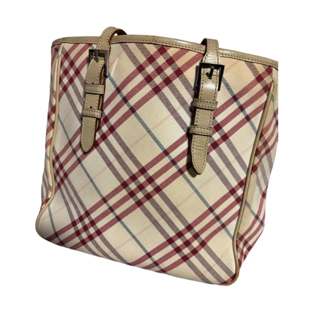Burberry Blue Label Plaid Handbag Tan Handle w/ Buckles + Navy, Burgundy, Cream